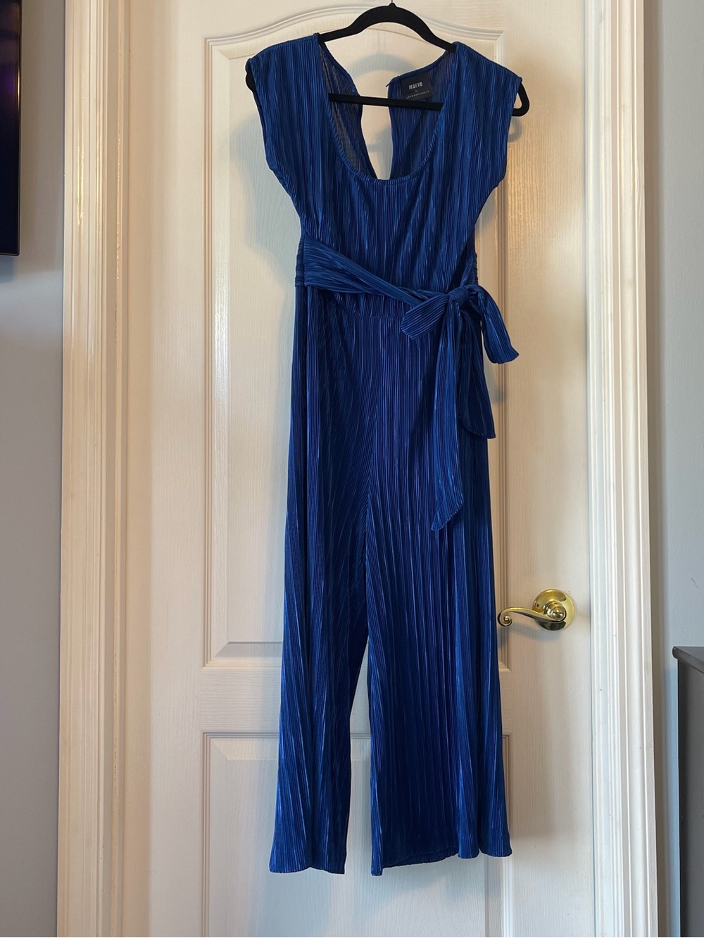 Maeve Anthropologie Blue Pleated Jumpsuit with Waist Tie